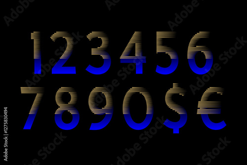 Gradient numbers with golden lines and a blue glow on a black background. A modern and futuristic style perfect for digital art, gaming, cyberpunk, and high-tech designs.