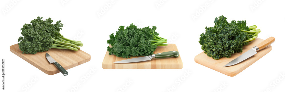 Fresh Green Kale on Cutting Boards with Knives Isolated on transparent background Fresh Green Kale on Cutting Boards with Knives Isolated on transparent background