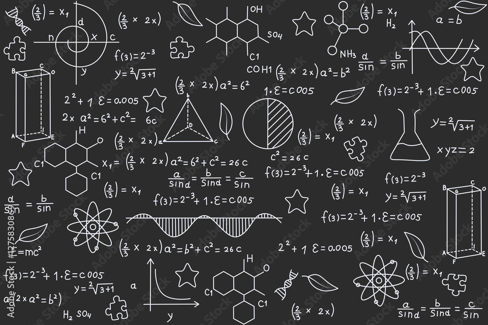 Drawn formulas of school lessons, physics, chemistry, geometry, biology. Back to school. Illustration on a school theme. Study of natural sciences. School background, illustration. Drawn formulas of school lessons, physics, chemistry, geometry, biology. Back to school. Illustration on a school theme. Study of natural sciences. School background, illustration.