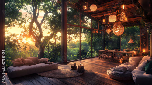 Treehouse interior, rustic furniture and decor,
