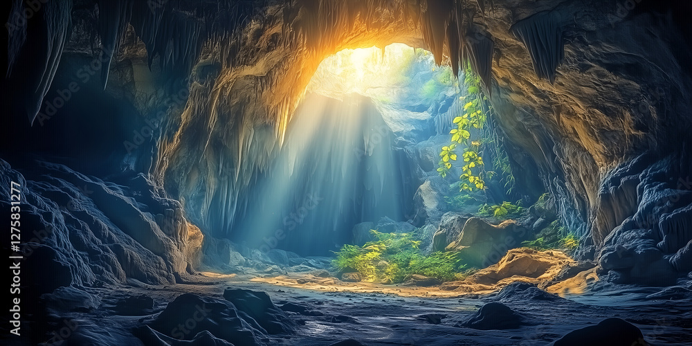 Obraz premium Mystical Sunbeam Illuminates a Majestic Ancient Cave