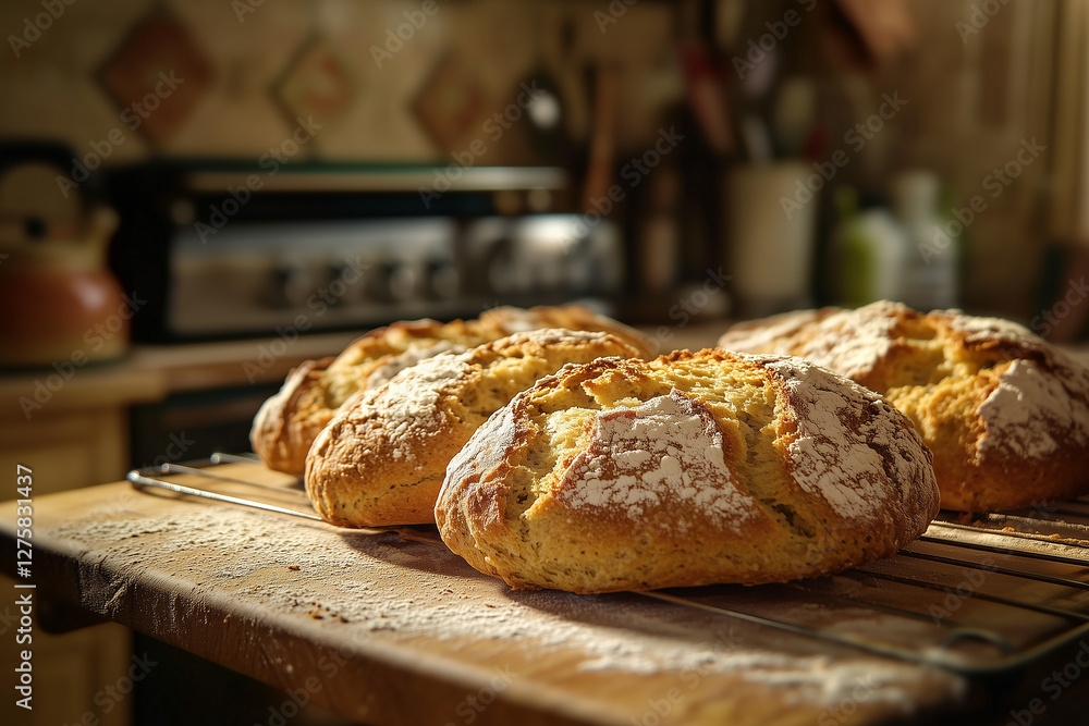 Warm kitchen scene featuring golden-brown Irish soda bread cooling on a wooden rack rustic ambiance Warm kitchen scene featuring golden-brown Irish soda bread cooling on a wooden rack rustic ambiance