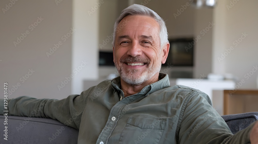 Obraz premium Happy Senior Man Smiling Relaxed Elderly Person Mature Adult Male Portrait Home Lifestyle Cheerful Expression Positive Emotion Grey Hair Beard Casual Green Shirt Comfortable Sitting Sofa Relaxed 