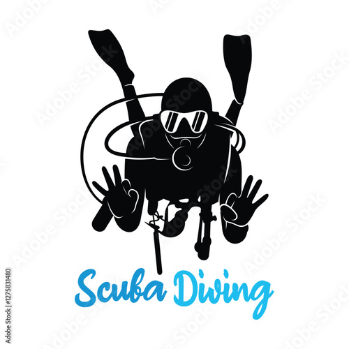 Vector illustration of divers in the deep sea. Scuba diving silhouette design
