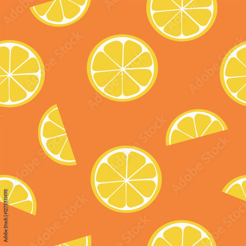 Seamless pattern of lemon slices on orange background. Citrus fruit pattern. Vector illustration cartoon flat style.
