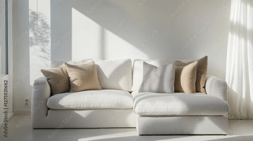 Fototapeta premium Cozy and Modern Living Room Sofa with Soft Cushions in Natural Light
