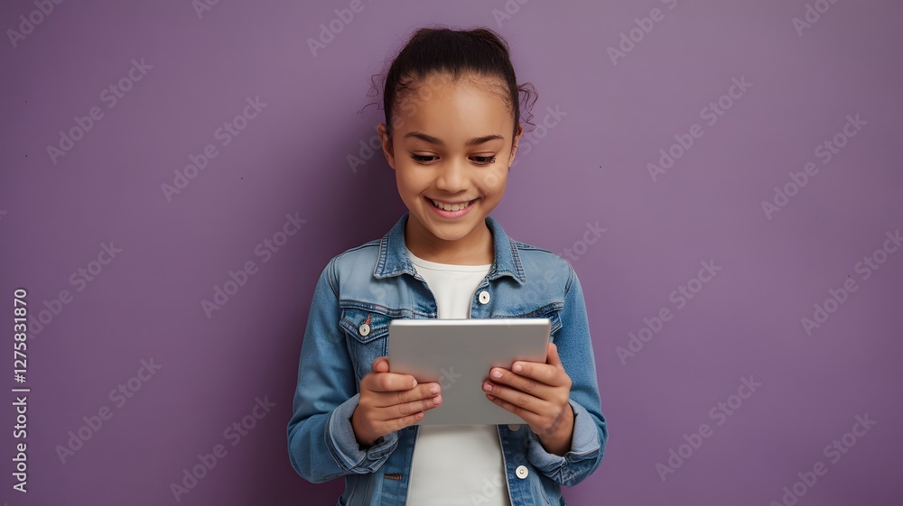 Happy Girl Using Digital Tablet Technology Device Smiling Child Purple Background Modern Lifestyle Technology Education Digital Learning Girl Portrait Happy Expression Casual Wear Denim Jacket kid fun Happy Girl Using Digital Tablet Technology Device Smiling Child Purple Background Modern Lifestyle Technology Education Digital Learning Girl Portrait Happy Expression Casual Wear Denim Jacket kid fun