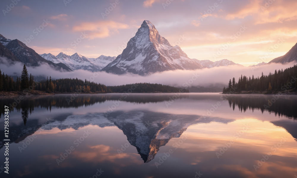 Majestic mountain peak reflecting in a calm lake for adventure travel and outdoor gear advertising. A dramatic mountain peak is mirrored perfectly in Majestic mountain peak reflecting in a calm lake for adventure travel and outdoor gear advertising. A dramatic mountain peak is mirrored perfectly in
