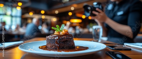 Delicious chocolate cake presentation in a vibrant restaurant setting captured by a photographer photo