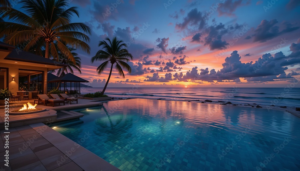 Obraz premium Tranquil Oasis: A luxurious coastal scene unfolds as a shimmering pool reflects a breathtaking sunset, palm trees sway gently, and a serene ambiance creates an inviting escape.