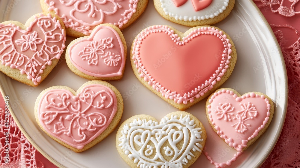 Valentine's heart-shaped cookies with intricate pink icing on elegant plate Valentine's heart-shaped cookies with intricate pink icing on elegant plate