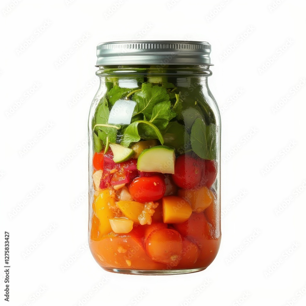 Vibrant Salad in a Glass Jar Layered Fresh Tomatoes Greens Veggies Creative Kitchen Composition Vibrant Salad in a Glass Jar Layered Fresh Tomatoes Greens Veggies Creative Kitchen Composition