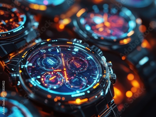 Wallpaper Mural Luxury watch collection with glowing AR specs floating, sleek modern display, soft vibrant lighting, photorealistic Torontodigital.ca