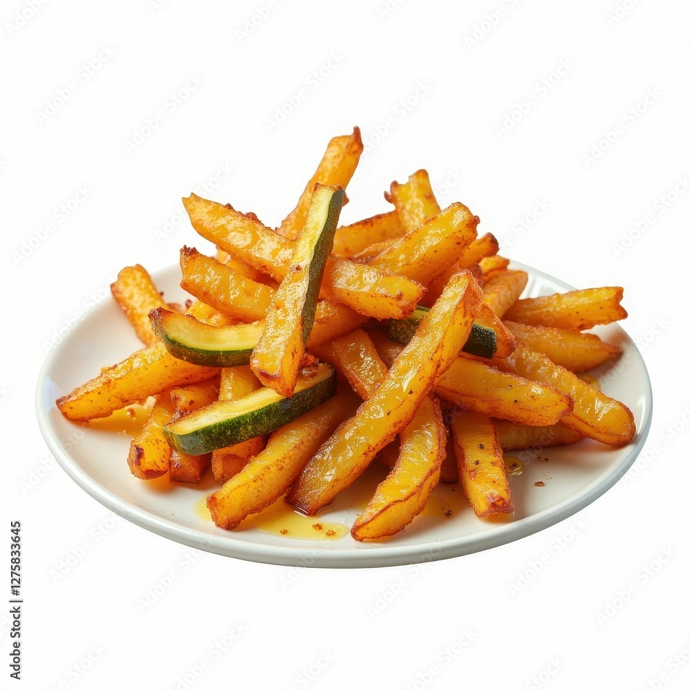 Plate of Crispy Fried Potato Sticks with Zucchini Slices Golden Brown Texture and Taste Plate of Crispy Fried Potato Sticks with Zucchini Slices Golden Brown Texture and Taste