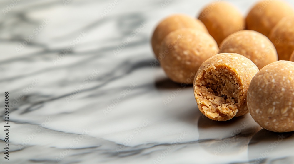 Delicious homemade energy balls on marble surface, a healthy snack for active lifestyle and perfect for pre or post workout nutrition Delicious homemade energy balls on marble surface, a healthy snack for active lifestyle and perfect for pre or post workout nutrition