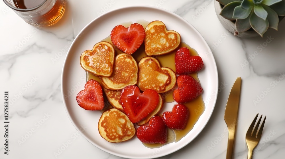 Heart-shaped pancakes with strawberries and syrup on white plate for a romantic breakfast Heart-shaped pancakes with strawberries and syrup on white plate for a romantic breakfast