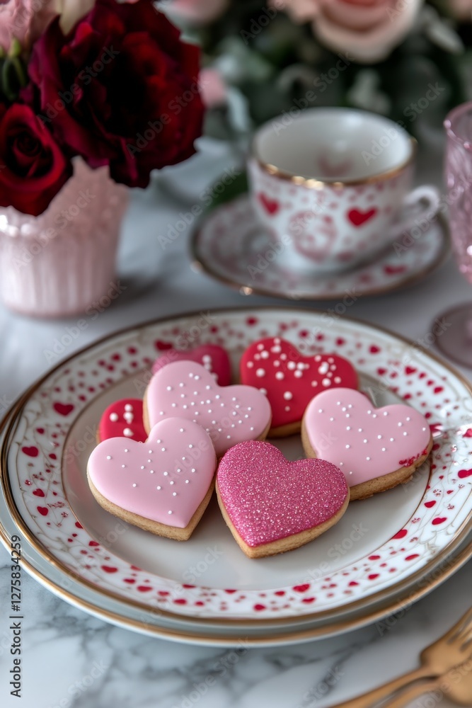 Romantic heart-shaped cookies on elegant plate with roses and teacups Romantic heart-shaped cookies on elegant plate with roses and teacups