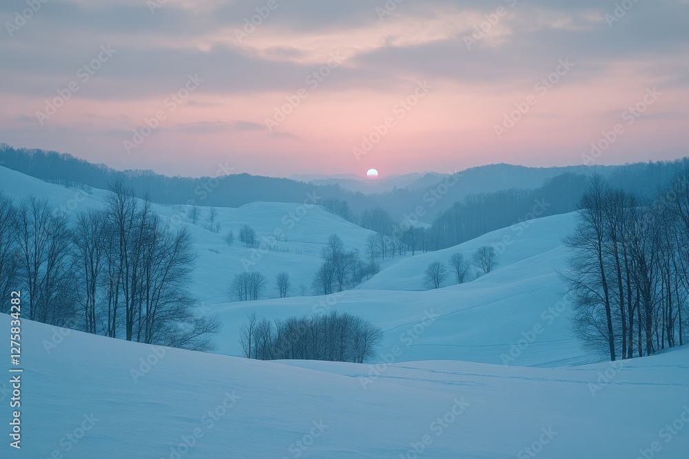 Snowy hills at sunset, winter trees. Perfect for winter, nature, and serenity themes. Snowy hills at sunset, winter trees. Perfect for winter, nature, and serenity themes.