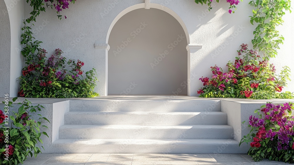 Fototapeta premium White archway steps, flowers, sunlight, mockup, resort