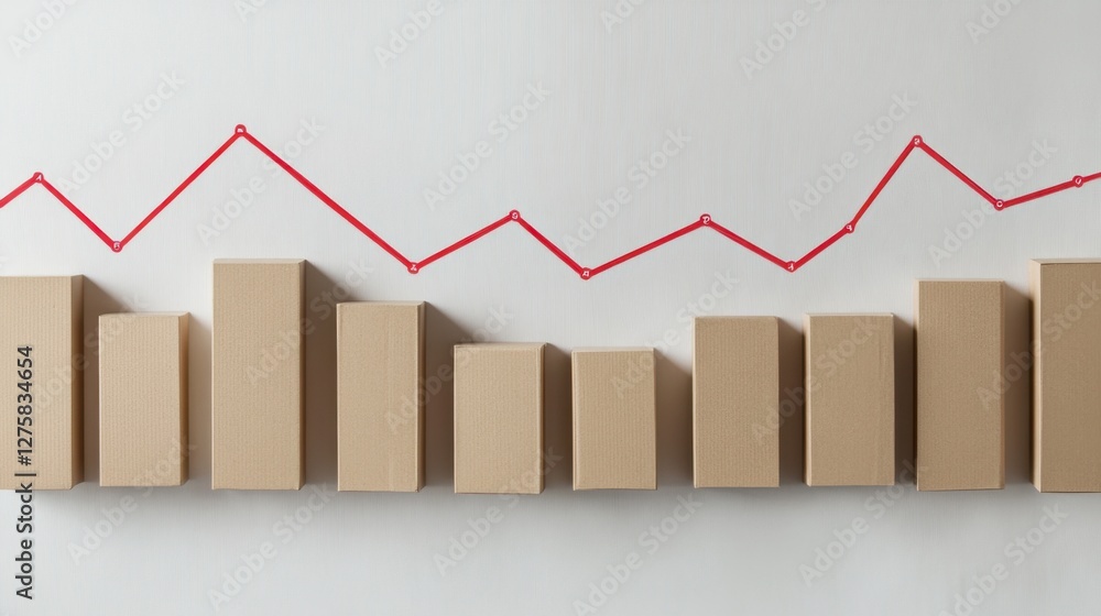 Obraz premium A series of cardboard boxes stacked on top of each other with a red arrow pointing upwards. The boxes are arranged in a way that they form a graph, with the boxes representing data points