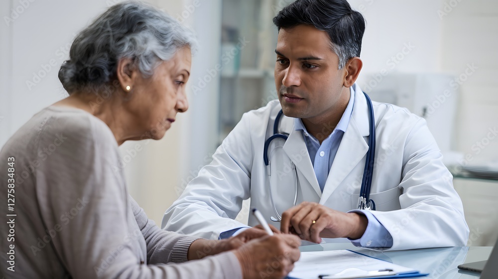 Fototapeta premium Attentive Doctor Discussing Healthcare with Senior Patient Medical Consultation Serious Discussion Professional Healthcare Provider Elderly Woman Doctor Patient Relationship Health Clinic Medical 