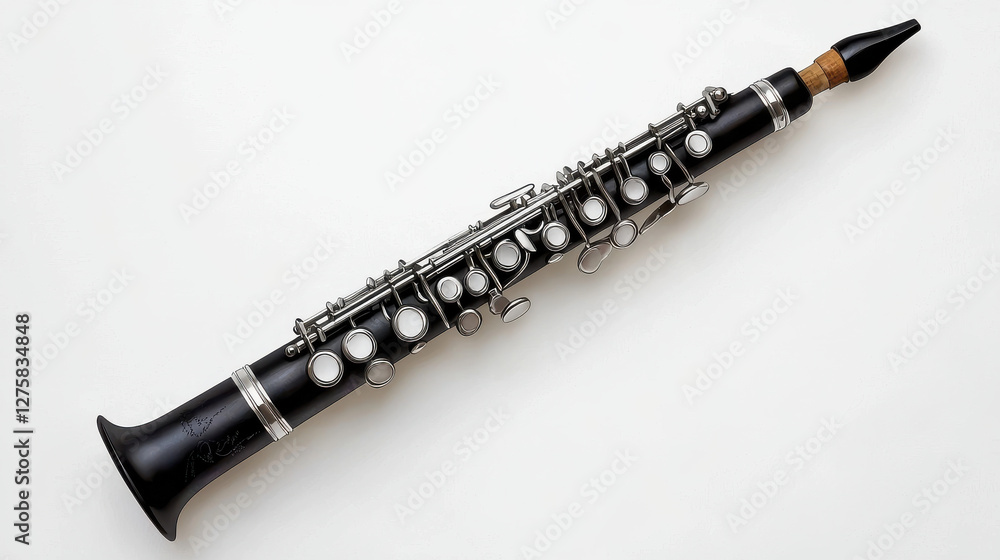 Naklejka premium Black clarinet with silver keys and wooden mouthpiece on white background isolated design on white background