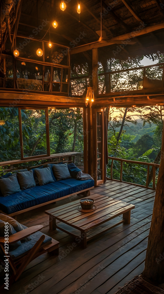 Treehouse interior, rustic furniture and decor,
Treehouse interior, rustic furniture and decor,
