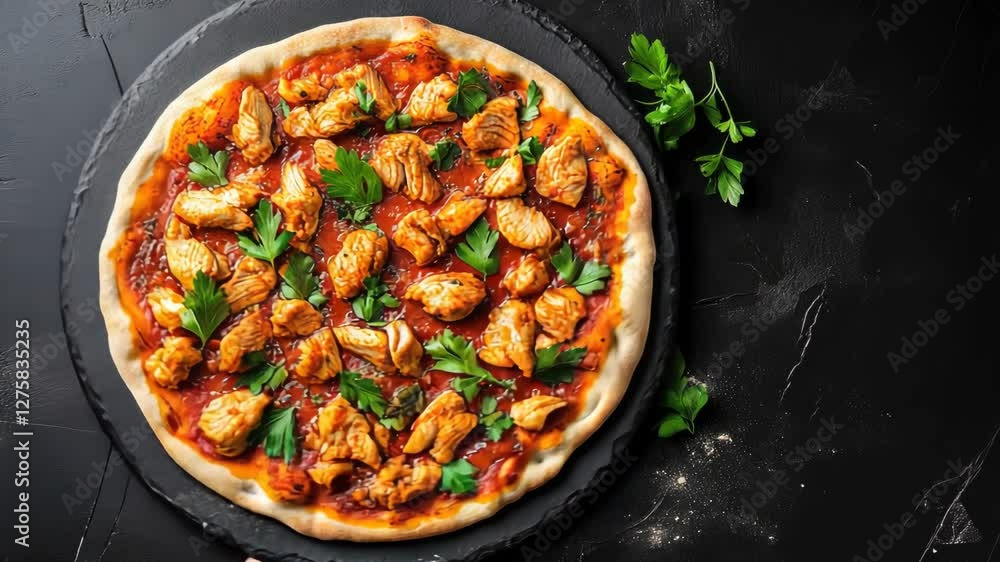 Tandoori chicken pizza on black slate with fresh parsley garnish Tandoori chicken pizza on black slate with fresh parsley garnish