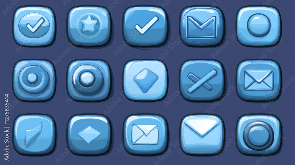 Web buttons, circle glass icons for game user interface design. Vector cartoon set of blue ui elements, glossy buttons with symbols of sound, search, arrows, mail, home, cross and check marks Web buttons, circle glass icons for game user interface design. Vector cartoon set of blue ui elements, glossy buttons with symbols of sound, search, arrows, mail, home, cross and check marks