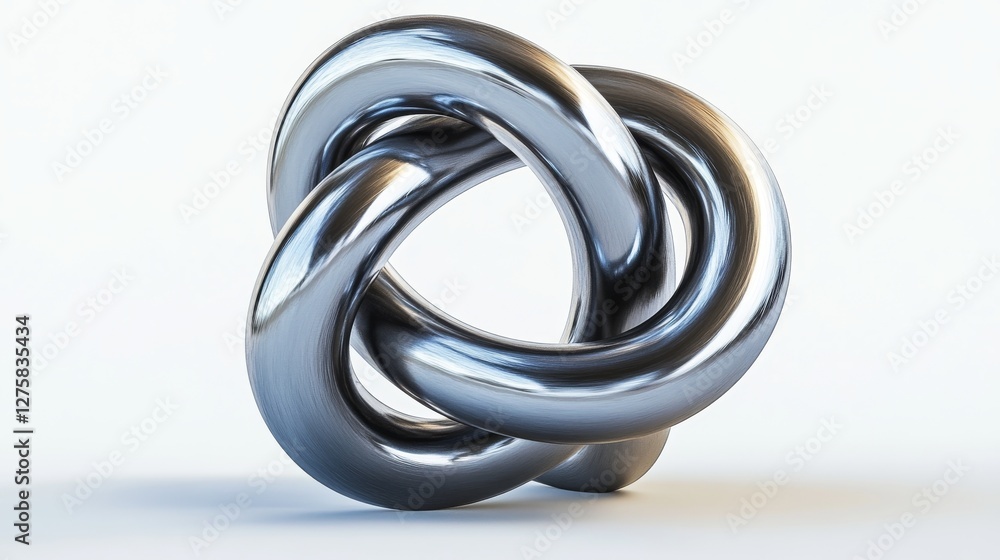 A 3D-rendered metal torus knot displayed against a clean white background. A 3D-rendered metal torus knot displayed against a clean white background.