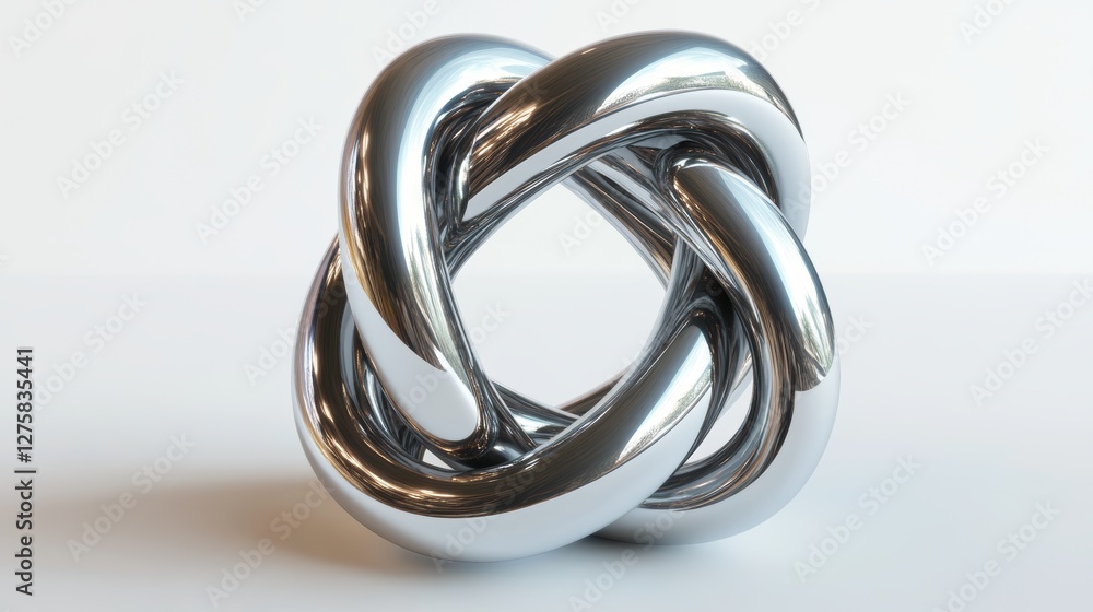 Fototapeta premium A 3D-rendered metal torus knot displayed against a clean white background. 