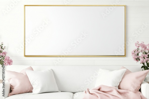 Elegant golden frame above a modern sofa with fresh pink flowers in a bright living space