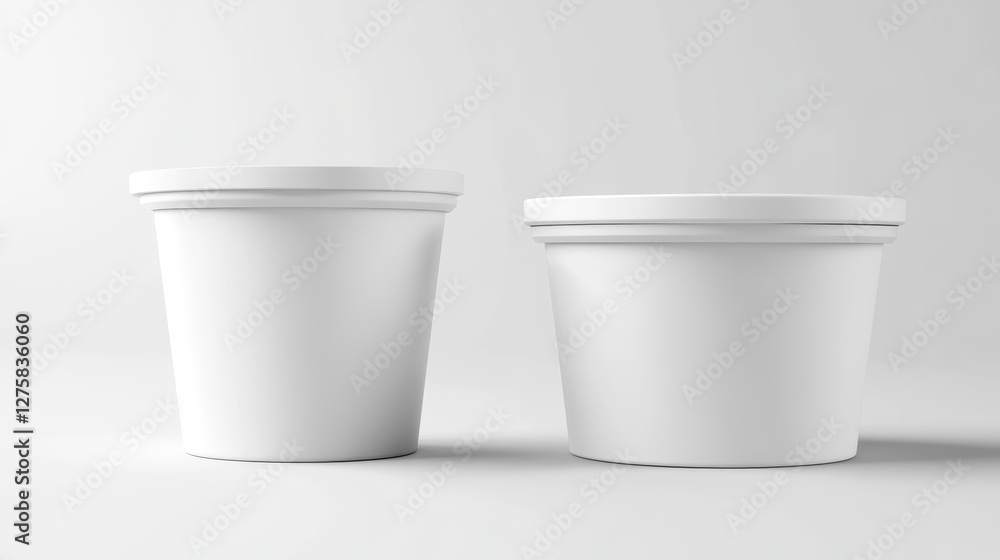 Ice cream package, white plastic container. 3d mockup of blank bucket with lid for yogurt, dairy products, butter or gelato. Round food jar with cap in front and top view, vector realistic set Ice cream package, white plastic container. 3d mockup of blank bucket with lid for yogurt, dairy products, butter or gelato. Round food jar with cap in front and top view, vector realistic set