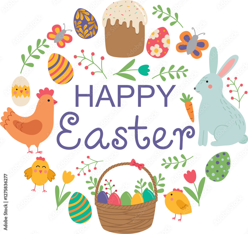 Fototapeta premium Round banner or card with rabbit, hen, chickens, Easter eggs, cake, basket, flowers and leaves. Happy Easter day cute design 
