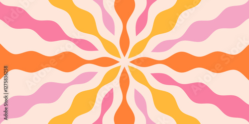 Sun Rise Radial Retro Groovy Pattern. Cool Y2k Rays Texture Vector Design. Psychedelic Background.