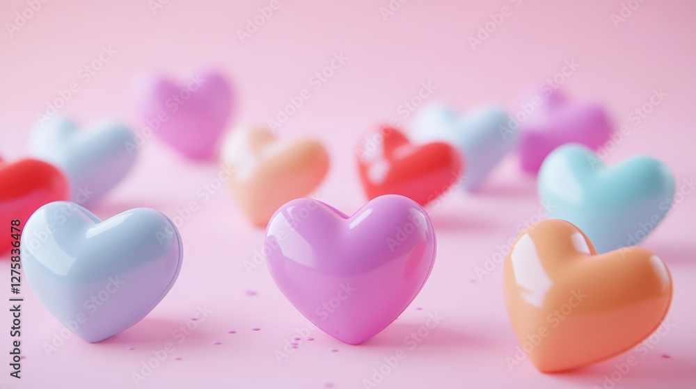 Obraz premium 3D cartoon collection of colorful heart-shaped toys on a soft pink background. Perfect for Valentine’s and Mother’s Day decor.