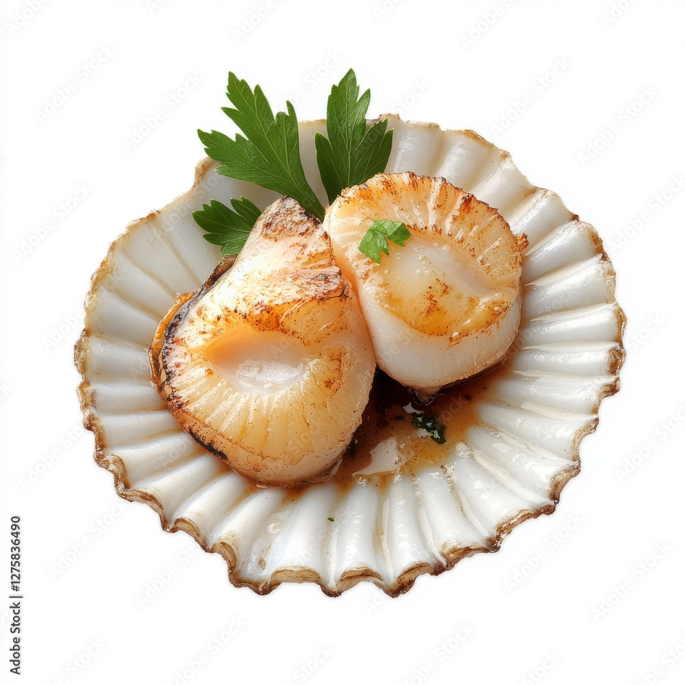 Grilled scallops served on shell with fresh parsley garnish, showcasing delicious seafood dish. Perfect for culinary presentations and gourmet dining experiences Grilled scallops served on shell with fresh parsley garnish, showcasing delicious seafood dish. Perfect for culinary presentations and gourmet dining experiences