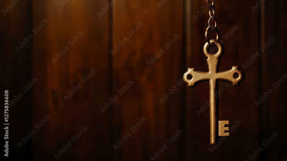 Golden Antique Key with an E Engraved Suspended Against a Dark Wooden Panel Backdrop and Soft Lighting Golden Antique Key with an E Engraved Suspended Against a Dark Wooden Panel Backdrop and Soft Lighting