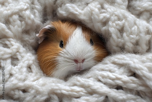 An adorable guinea pig is cozily wrapped in a white knitted blanket, peeking out from the soft fabric

 photo