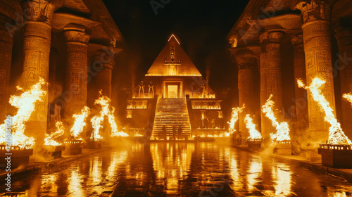 Night ancient egyptian pharaoh temple with sarcophagus background. Fire inside pyramid museum palace interior with ramses tomb, column and gold treasure. Flame light in underground room with god grave