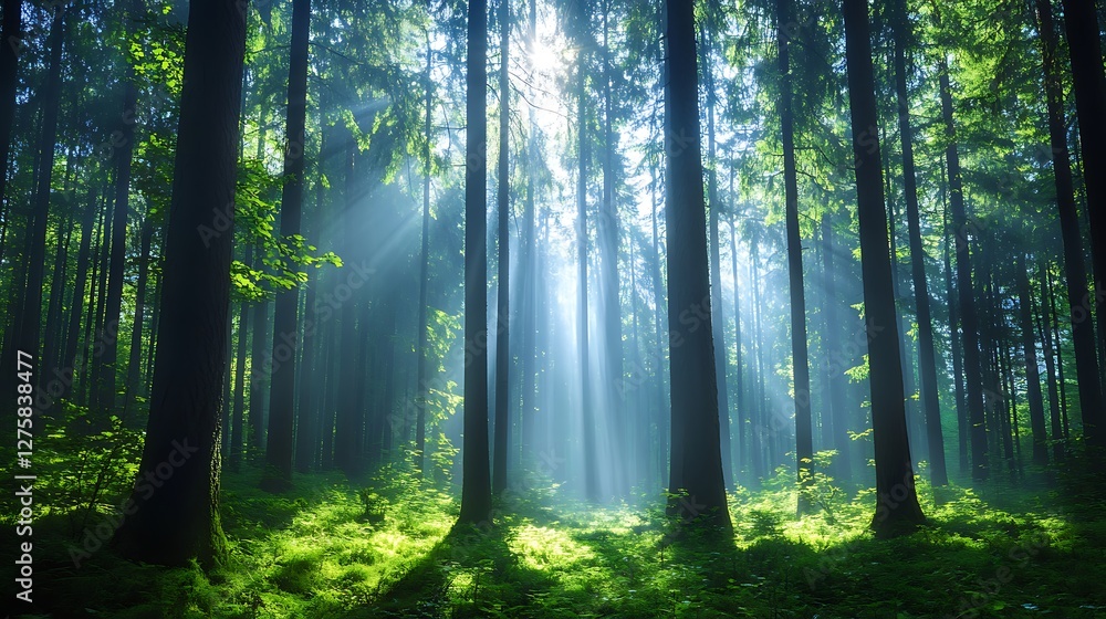 Obraz premium Sunbeams in a misty forest