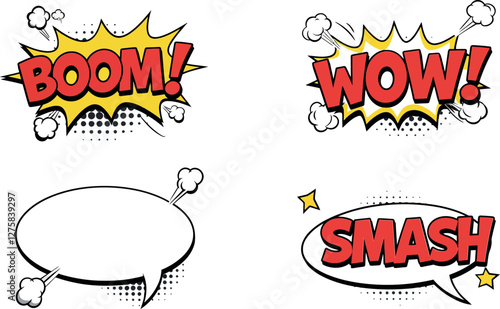Colorful comic-style speech bubbles with dynamic text elements in flat vector art