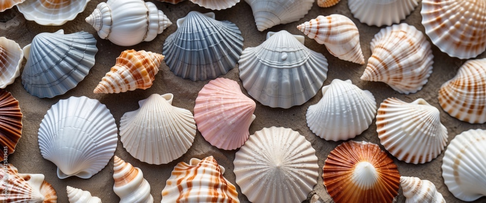 Colorful Seashells Display on Sandy Beach with Embossed Patterns and Natural Marine Colors Perfect for Summer-themed Designs and Text Space Colorful Seashells Display on Sandy Beach with Embossed Patterns and Natural Marine Colors Perfect for Summer-themed Designs and Text Space