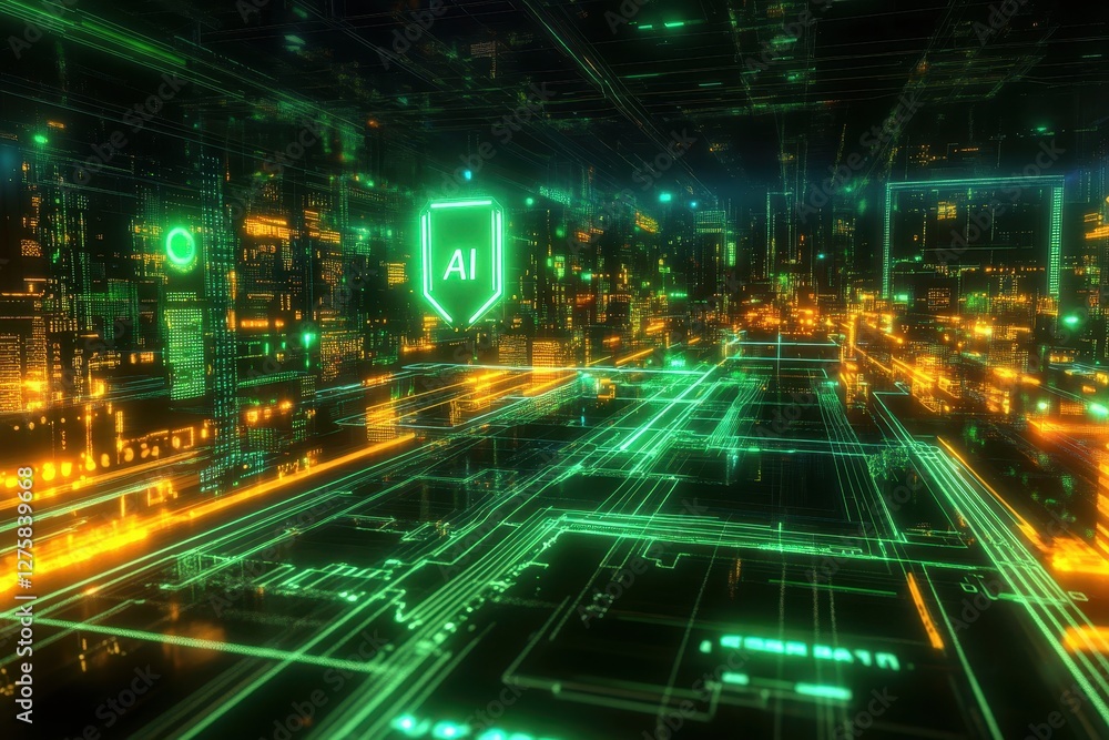 Futuristic Digital Cityscape with Neon Lights and AI Symbol Futuristic Digital Cityscape with Neon Lights and AI Symbol