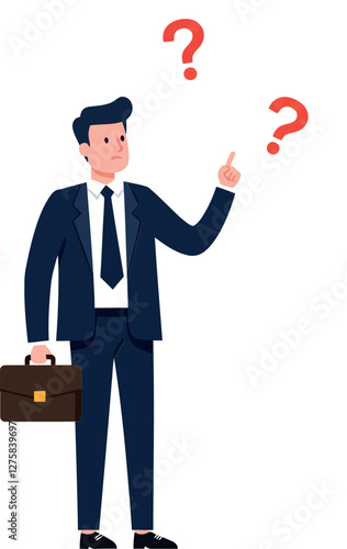 Businessman in a suit with a briefcase, looking puzzled with question marks, flat vector illustration