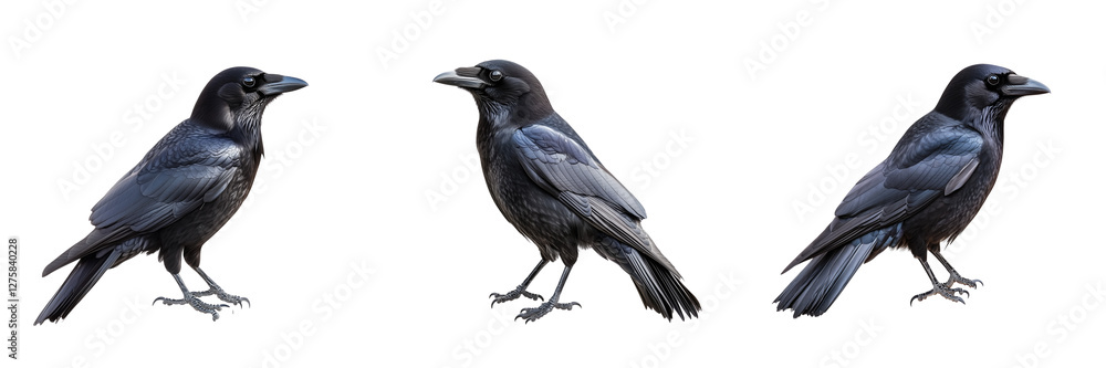 Fototapeta premium Set of A solitary crow perched on an old wooden fence post in an empty rural landscape during autumn on transparent png background. Ai generated