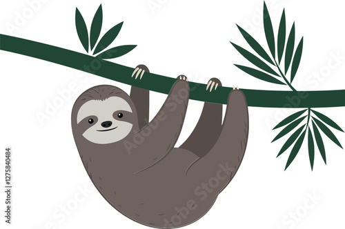 Sloth hanging from a green branch surrounded by lush leaves in flat vector art