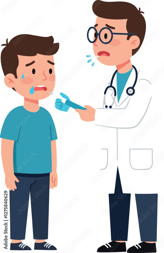 A worried child receiving medical attention from a caring doctor in a flat vector illustration A worried child receiving medical attention from a caring doctor in a flat vector illustration