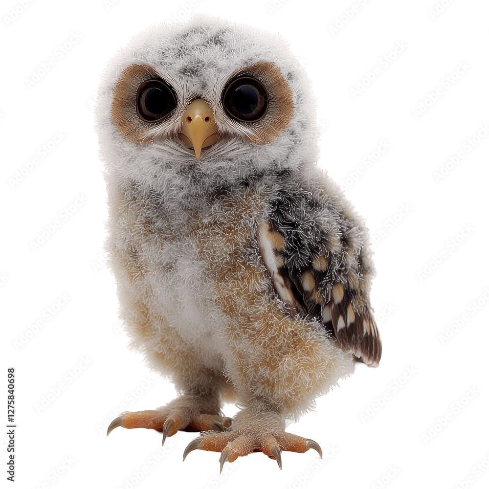 Obraz premium Adorable baby owl standing on a branch in nature isolated on png transparent background, cut out