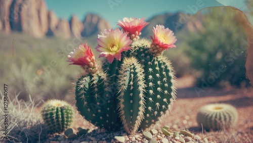 Vibrant Desert Cactus Blossoming with Colorful Flowers Against a Scenic Rocky Landscape photo